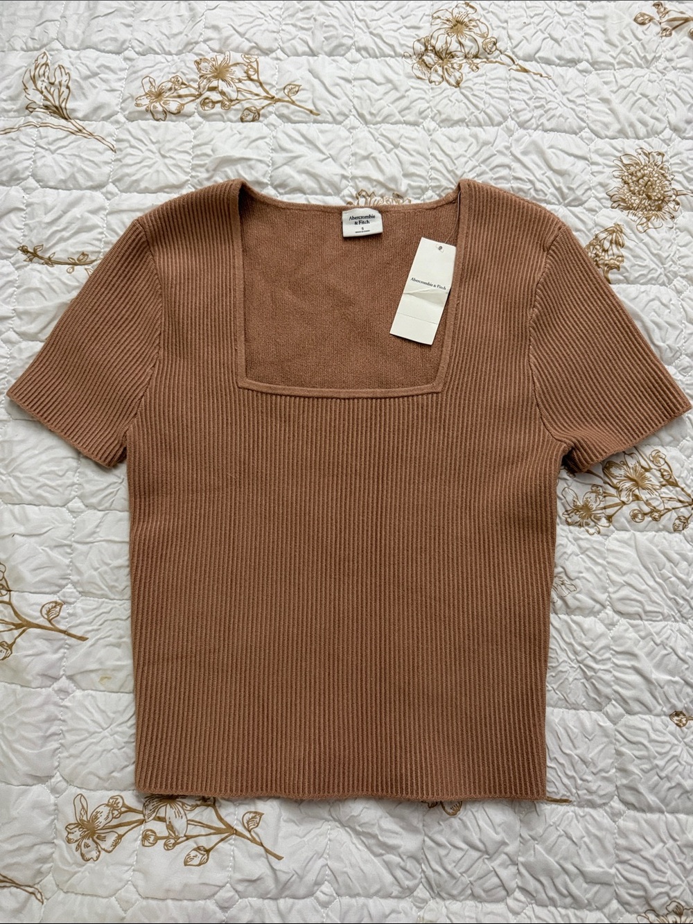 Abercrombie & Fitch Ribbed Square-Neck Short Sleeve Top in Camel